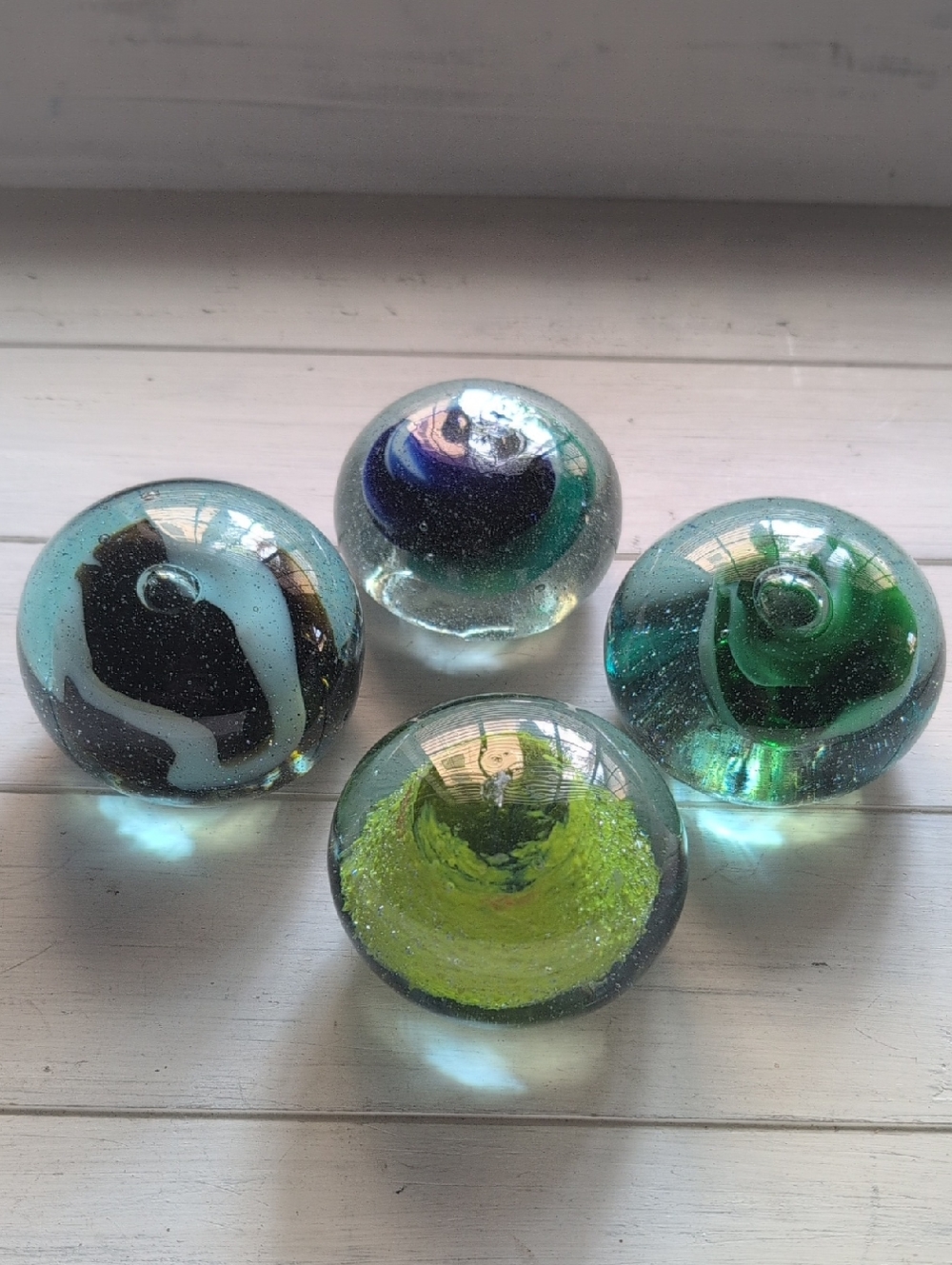 Vintage Art Glass Paperweight Set - Green, Cobalt Blue, Black/White Decorative